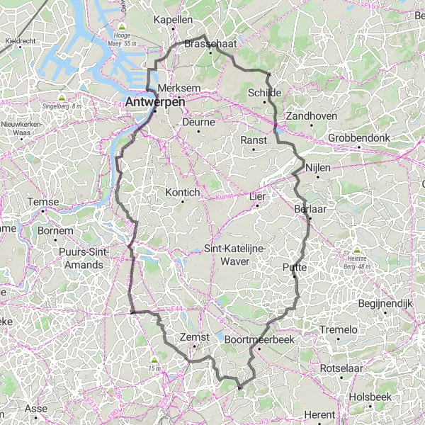 Map miniature of "Berg Loop" cycling inspiration in Prov. Vlaams-Brabant, Belgium. Generated by Tarmacs.app cycling route planner