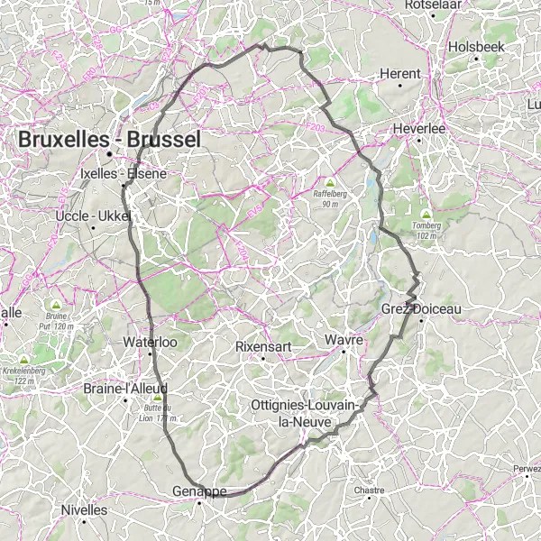 Miniature de la carte de l'inspiration cycliste "La Route des Batailles et Mémoriaux" dans la Prov. Vlaams-Brabant, Belgium. Générée par le planificateur d'itinéraire cycliste Tarmacs.app