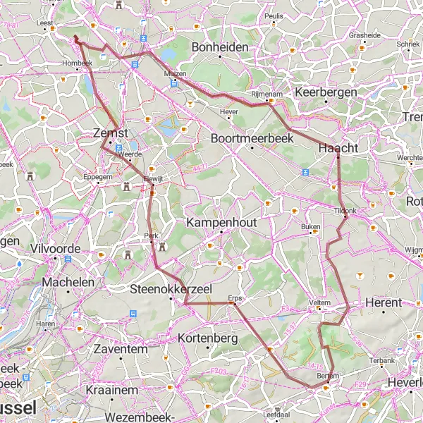 Miniatuurkaart van de fietsinspiratie "Graveltocht door Mechelen en Tildonk" in Prov. Vlaams-Brabant, Belgium. Gemaakt door de Tarmacs.app fietsrouteplanner