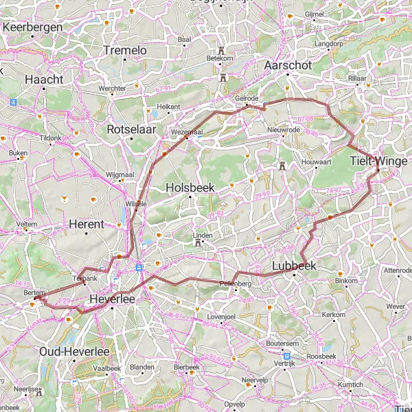 Miniature de la carte de l'inspiration cycliste "Itinéraire Gravel pittoresque" dans la Prov. Vlaams-Brabant, Belgium. Générée par le planificateur d'itinéraire cycliste Tarmacs.app