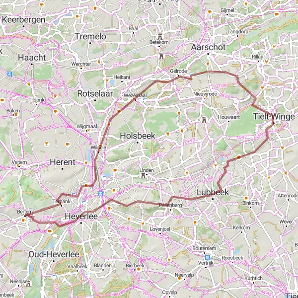 Karten-Miniaturansicht der Radinspiration "Gravel-Abenteuer durch Wezemaal und Tielt-Winge" in Prov. Vlaams-Brabant, Belgium. Erstellt vom Tarmacs.app-Routenplaner für Radtouren