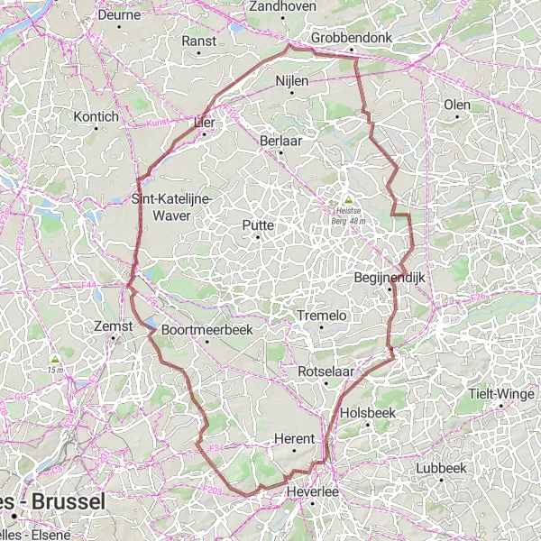 Miniatuurkaart van de fietsinspiratie "Gravelfietsroute Kampenhout - Zwanenberg" in Prov. Vlaams-Brabant, Belgium. Gemaakt door de Tarmacs.app fietsrouteplanner