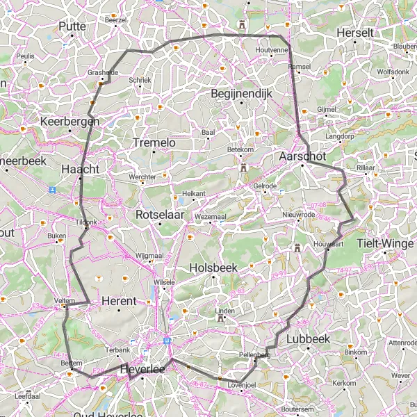 Miniatuurkaart van de fietsinspiratie "Verkenning van Aarschot en Heverlee" in Prov. Vlaams-Brabant, Belgium. Gemaakt door de Tarmacs.app fietsrouteplanner