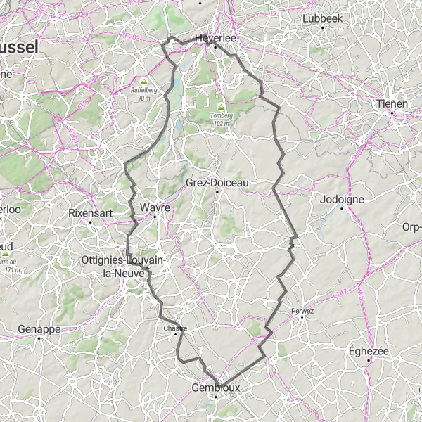 Miniatuurkaart van de fietsinspiratie "Wegfietsroute Leutsberg - Korbeek-Dijle" in Prov. Vlaams-Brabant, Belgium. Gemaakt door de Tarmacs.app fietsrouteplanner