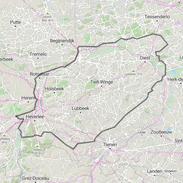 Karten-Miniaturansicht der Radinspiration "Straßenradtour von Bertem nach Bierbeek" in Prov. Vlaams-Brabant, Belgium. Erstellt vom Tarmacs.app-Routenplaner für Radtouren