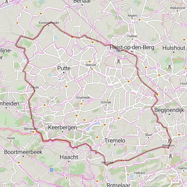 Map miniature of "Betekom Gravel Adventure" cycling inspiration in Prov. Vlaams-Brabant, Belgium. Generated by Tarmacs.app cycling route planner