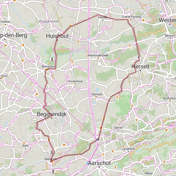 Miniatuurkaart van de fietsinspiratie "Gravelroute door landelijke omgeving rond Betekom" in Prov. Vlaams-Brabant, Belgium. Gemaakt door de Tarmacs.app fietsrouteplanner