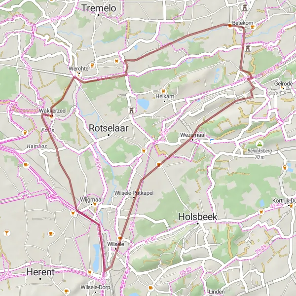 Miniatuurkaart van de fietsinspiratie "Wijngaardberg en Wezemaal Gravelroute" in Prov. Vlaams-Brabant, Belgium. Gemaakt door de Tarmacs.app fietsrouteplanner