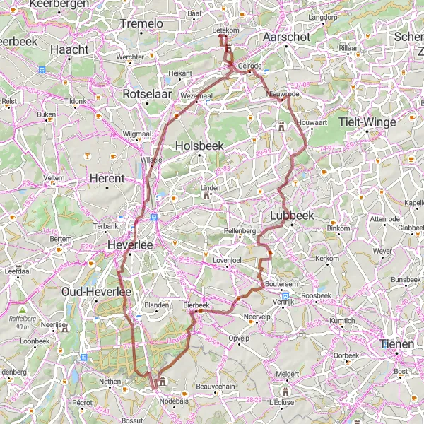 Map miniature of "Gelrode and Wezemaal Gravel Adventure" cycling inspiration in Prov. Vlaams-Brabant, Belgium. Generated by Tarmacs.app cycling route planner