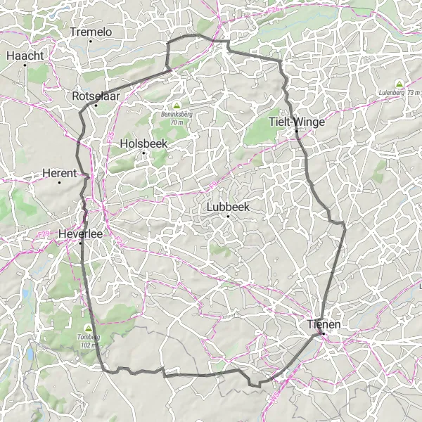 Map miniature of "Betekom Road Adventure" cycling inspiration in Prov. Vlaams-Brabant, Belgium. Generated by Tarmacs.app cycling route planner