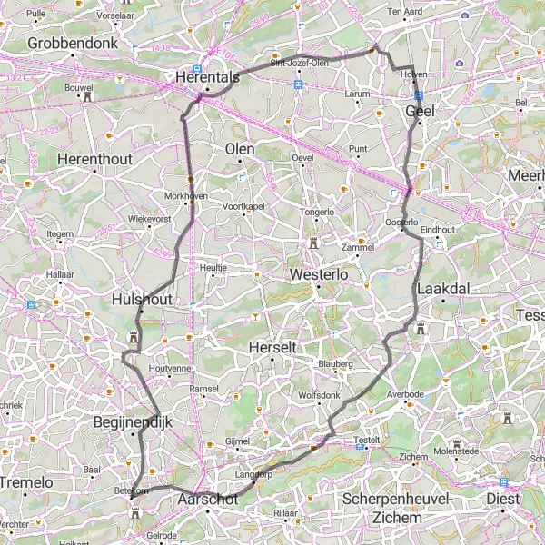 Miniatuurkaart van de fietsinspiratie "Booischot naar Kouterberg Wielerroute" in Prov. Vlaams-Brabant, Belgium. Gemaakt door de Tarmacs.app fietsrouteplanner