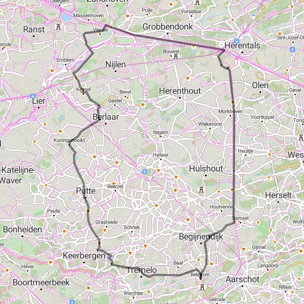 Miniature de la carte de l'inspiration cycliste "Parcours Betekom - Morkhoven" dans la Prov. Vlaams-Brabant, Belgium. Générée par le planificateur d'itinéraire cycliste Tarmacs.app