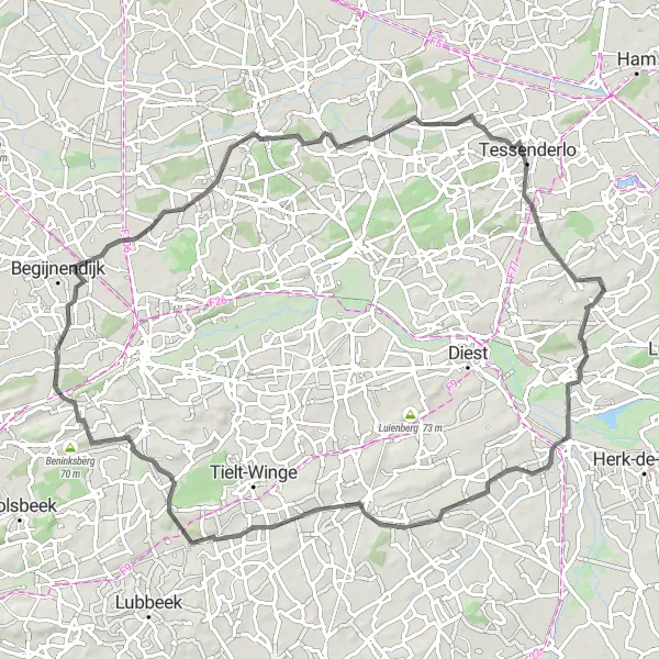 Map miniature of "Ramsel to Kasteel van Rivieren Road Circuit" cycling inspiration in Prov. Vlaams-Brabant, Belgium. Generated by Tarmacs.app cycling route planner