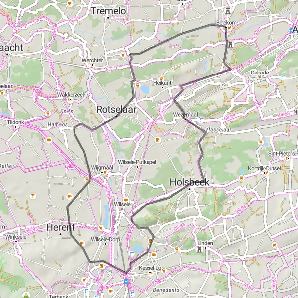 Map miniature of "Betekom Scenic Road Ride" cycling inspiration in Prov. Vlaams-Brabant, Belgium. Generated by Tarmacs.app cycling route planner