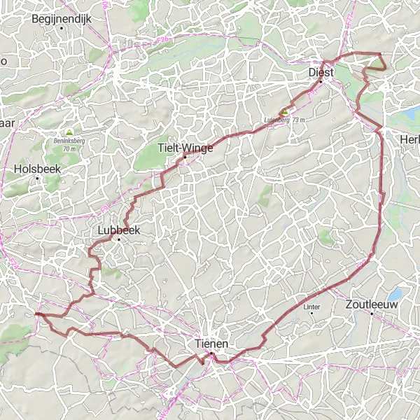 Miniatuurkaart van de fietsinspiratie "Lubbeek to Opvelp via Luienberg and Diest" in Prov. Vlaams-Brabant, Belgium. Gemaakt door de Tarmacs.app fietsrouteplanner