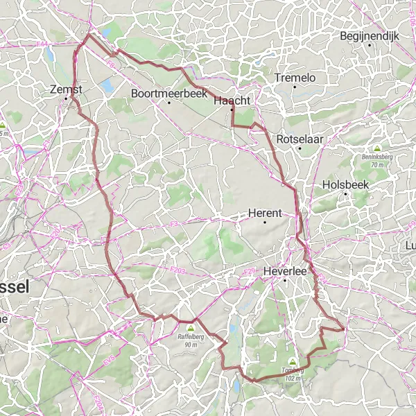 Miniatuurkaart van de fietsinspiratie "Tomberg to Leutsberg via Kasteel van Neerijse" in Prov. Vlaams-Brabant, Belgium. Gemaakt door de Tarmacs.app fietsrouteplanner