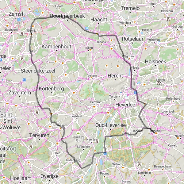 Miniatuurkaart van de fietsinspiratie "Haasrode to Leutsberg via Vossem and Boortmeerbeek" in Prov. Vlaams-Brabant, Belgium. Gemaakt door de Tarmacs.app fietsrouteplanner