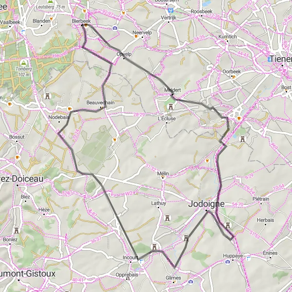 Miniature de la carte de l'inspiration cycliste "Route autour de Hoegaarden et Jodoigne-Souveraine" dans la Prov. Vlaams-Brabant, Belgium. Générée par le planificateur d'itinéraire cycliste Tarmacs.app