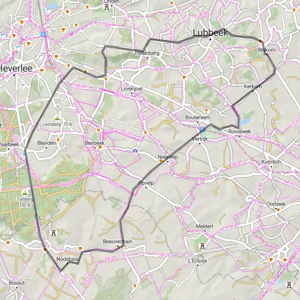 Map miniature of "Binkom and Beyond" cycling inspiration in Prov. Vlaams-Brabant, Belgium. Generated by Tarmacs.app cycling route planner