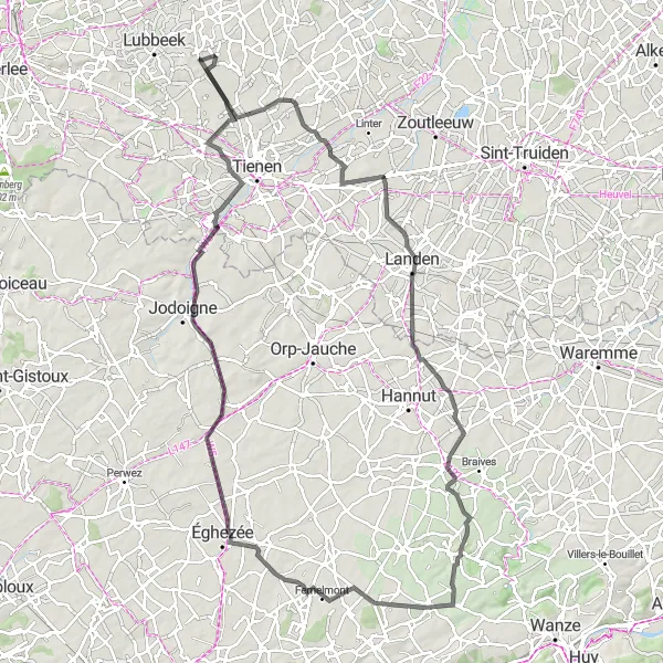 Miniature de la carte de l'inspiration cycliste "Randonnée cycliste autour de Binkom et Kerkom" dans la Prov. Vlaams-Brabant, Belgium. Générée par le planificateur d'itinéraire cycliste Tarmacs.app