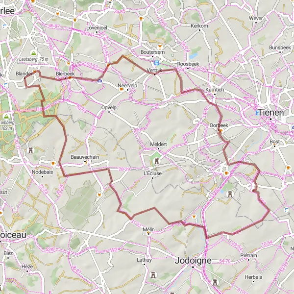 Map miniature of "Blanden - Boutersem - Oorbeek - Orientation Table - Outgaarden - Beauvechain - A-Panorama - Schuilhut Mollendaal" cycling inspiration in Prov. Vlaams-Brabant, Belgium. Generated by Tarmacs.app cycling route planner