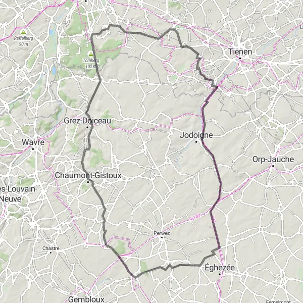 Miniatuurkaart van de fietsinspiratie "Wegen van Jodoigne" in Prov. Vlaams-Brabant, Belgium. Gemaakt door de Tarmacs.app fietsrouteplanner