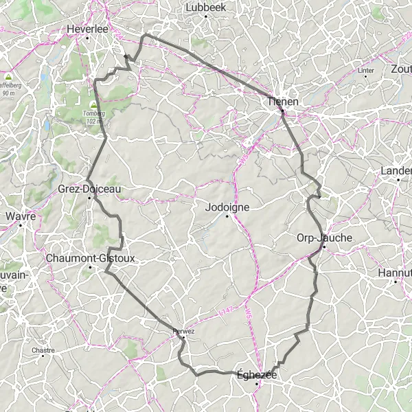 Map miniature of "Blanden - Leutsberg - Bierbeek - Hélécine - Orp-Jauche - Éghezée - Perwez - Grez-Doiceau - Tomberg" cycling inspiration in Prov. Vlaams-Brabant, Belgium. Generated by Tarmacs.app cycling route planner