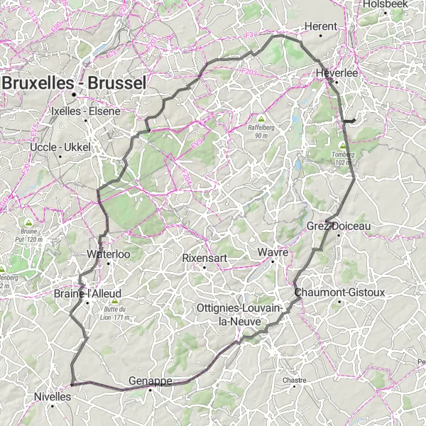 Miniatuurkaart van de fietsinspiratie "Roadtrip Tomberg en Auderghem - Oudergem" in Prov. Vlaams-Brabant, Belgium. Gemaakt door de Tarmacs.app fietsrouteplanner