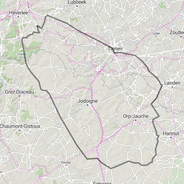 Miniatuurkaart van de fietsinspiratie "Fietsroute Leutsberg en Tomberg" in Prov. Vlaams-Brabant, Belgium. Gemaakt door de Tarmacs.app fietsrouteplanner