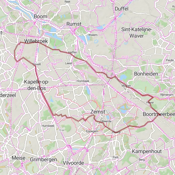 Map miniature of "Scenic Gravel Ride from Boortmeerbeek to Hever" cycling inspiration in Prov. Vlaams-Brabant, Belgium. Generated by Tarmacs.app cycling route planner