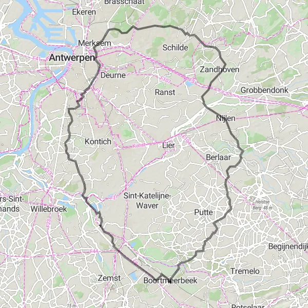 Map miniature of "Discovering Hidden Gems near Boortmeerbeek" cycling inspiration in Prov. Vlaams-Brabant, Belgium. Generated by Tarmacs.app cycling route planner