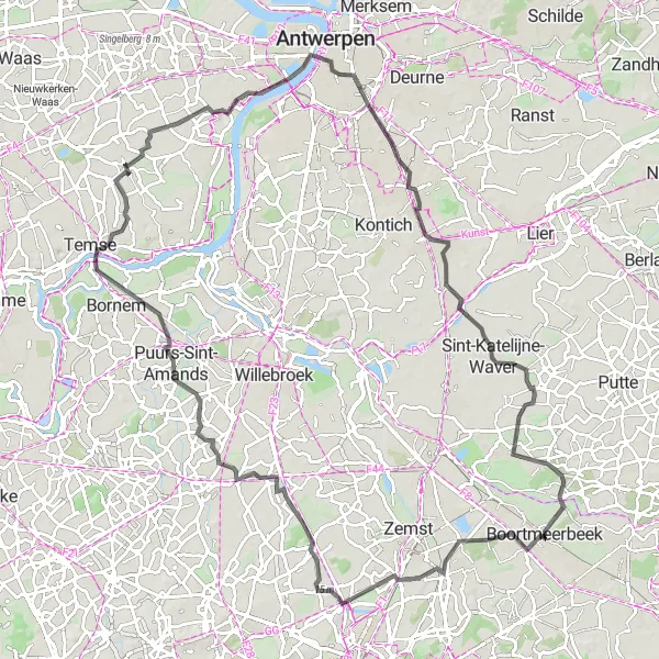 Miniatuurkaart van de fietsinspiratie "Avontuurlijke rit door Vlaanderen" in Prov. Vlaams-Brabant, Belgium. Gemaakt door de Tarmacs.app fietsrouteplanner