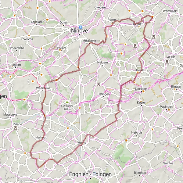 Karten-Miniaturansicht der Radinspiration "Graveltour von Gooik nach Pamel" in Prov. Vlaams-Brabant, Belgium. Erstellt vom Tarmacs.app-Routenplaner für Radtouren