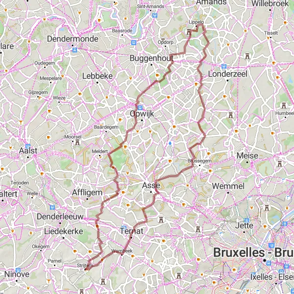 Miniature de la carte de l'inspiration cycliste "Parcours Gravel à travers les Villages Ruraux" dans la Prov. Vlaams-Brabant, Belgium. Générée par le planificateur d'itinéraire cycliste Tarmacs.app