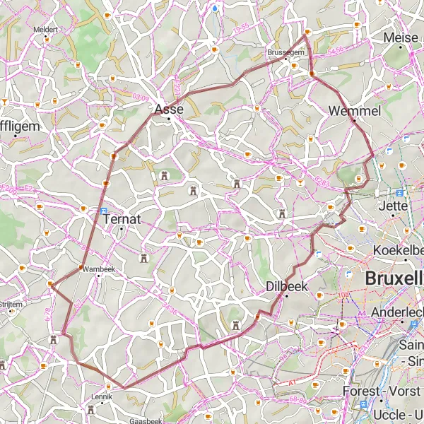 Miniature de la carte de l'inspiration cycliste "Randonnée Gravel à la Campagne" dans la Prov. Vlaams-Brabant, Belgium. Générée par le planificateur d'itinéraire cycliste Tarmacs.app