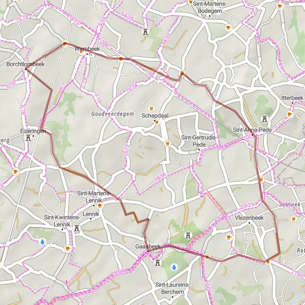 Miniatuurkaart van de fietsinspiratie "Gravelroute door Wambeek en Gaasbeek" in Prov. Vlaams-Brabant, Belgium. Gemaakt door de Tarmacs.app fietsrouteplanner