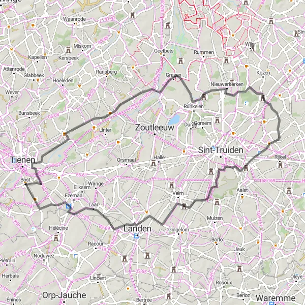 Map miniature of "Wulmersum to Goetsenhoven" cycling inspiration in Prov. Vlaams-Brabant, Belgium. Generated by Tarmacs.app cycling route planner