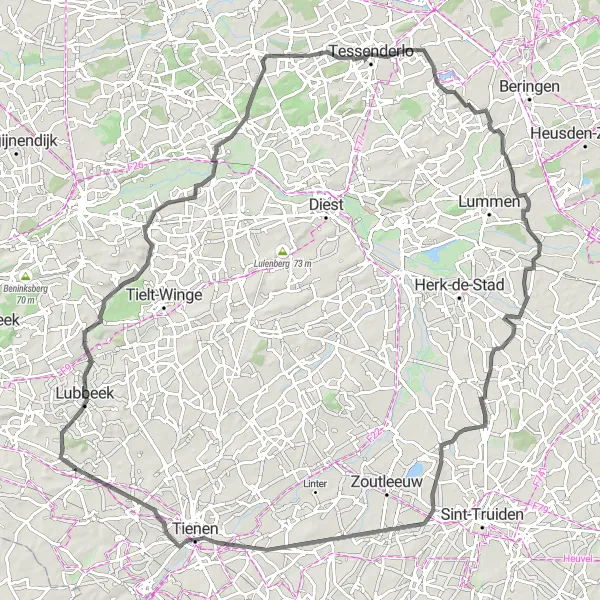 Map miniature of "Lubbeek - Orientatietafel - Messelbroek" cycling inspiration in Prov. Vlaams-Brabant, Belgium. Generated by Tarmacs.app cycling route planner