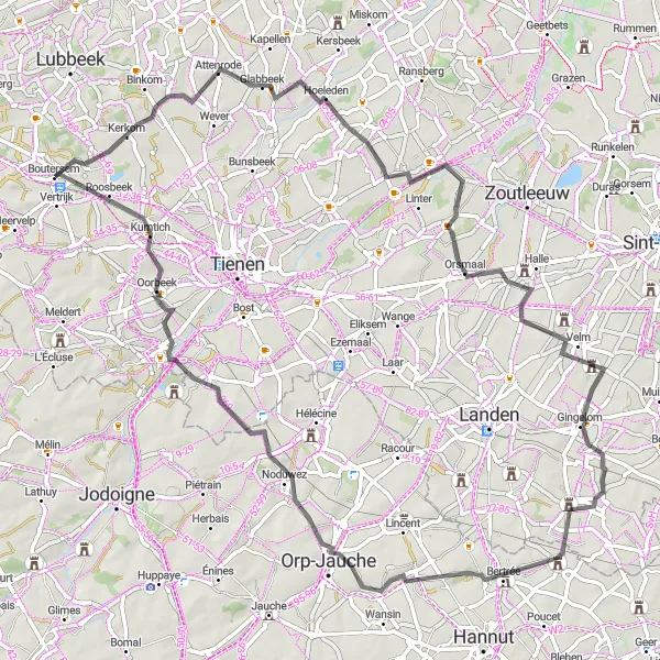 Miniature de la carte de l'inspiration cycliste "Balade à vélo à travers le Paysage" dans la Prov. Vlaams-Brabant, Belgium. Générée par le planificateur d'itinéraire cycliste Tarmacs.app