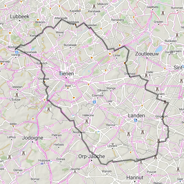 Map miniature of "Adventure in Glabbeek" cycling inspiration in Prov. Vlaams-Brabant, Belgium. Generated by Tarmacs.app cycling route planner