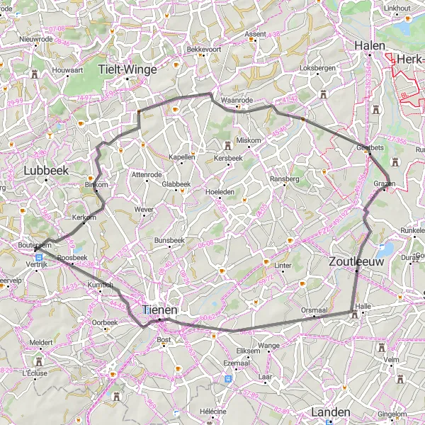Miniatuurkaart van de fietsinspiratie "60 km Wegfietsroute van Boutersem" in Prov. Vlaams-Brabant, Belgium. Gemaakt door de Tarmacs.app fietsrouteplanner