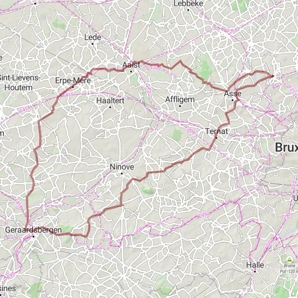 Map miniature of "Challenging Gravel Ride through Borchtlombeek and Aalst" cycling inspiration in Prov. Vlaams-Brabant, Belgium. Generated by Tarmacs.app cycling route planner