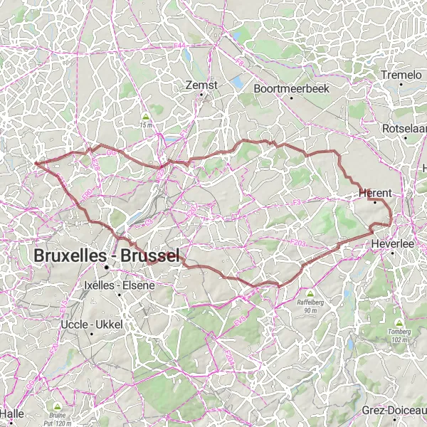 Map miniature of "Gravel Ride through Meise and Ossel" cycling inspiration in Prov. Vlaams-Brabant, Belgium. Generated by Tarmacs.app cycling route planner