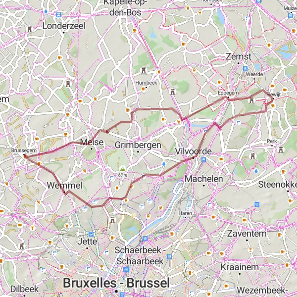 Miniatuurkaart van de fietsinspiratie "Gravelroute Brussegem - Vilvoorde" in Prov. Vlaams-Brabant, Belgium. Gemaakt door de Tarmacs.app fietsrouteplanner