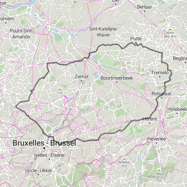 Miniature de la carte de l'inspiration cycliste "Parcours de 99km sur Route autour de Brussegem" dans la Prov. Vlaams-Brabant, Belgium. Générée par le planificateur d'itinéraire cycliste Tarmacs.app