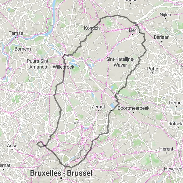 Miniature de la carte de l'inspiration cycliste "La Route des Châteaux et Paysages" dans la Prov. Vlaams-Brabant, Belgium. Générée par le planificateur d'itinéraire cycliste Tarmacs.app