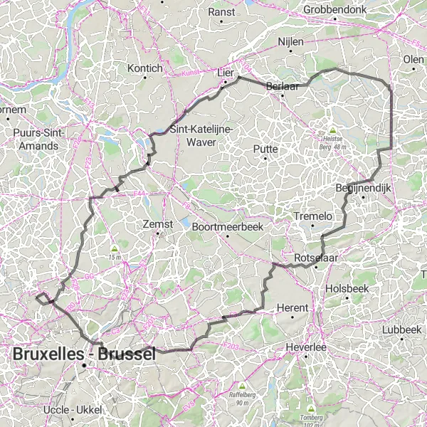 Miniature de la carte de l'inspiration cycliste "Boucle de 131km sur Route depuis Brussegem" dans la Prov. Vlaams-Brabant, Belgium. Générée par le planificateur d'itinéraire cycliste Tarmacs.app