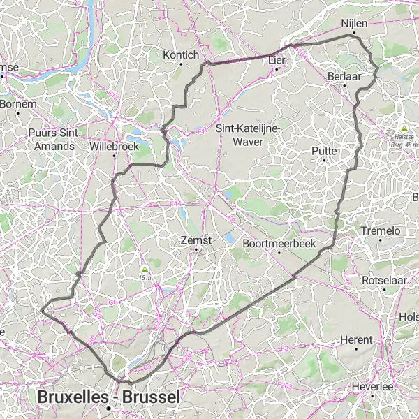 Map miniature of "Road Route from Brussegem to Laeken" cycling inspiration in Prov. Vlaams-Brabant, Belgium. Generated by Tarmacs.app cycling route planner