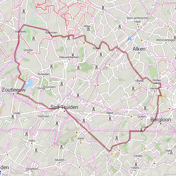 Miniatuurkaart van de fietsinspiratie "Gravelroute rond Budingen" in Prov. Vlaams-Brabant, Belgium. Gemaakt door de Tarmacs.app fietsrouteplanner