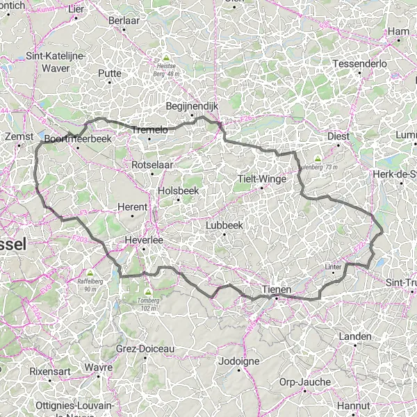 Miniature de la carte de l'inspiration cycliste "Parcours des Collines Flamandes" dans la Prov. Vlaams-Brabant, Belgium. Générée par le planificateur d'itinéraire cycliste Tarmacs.app